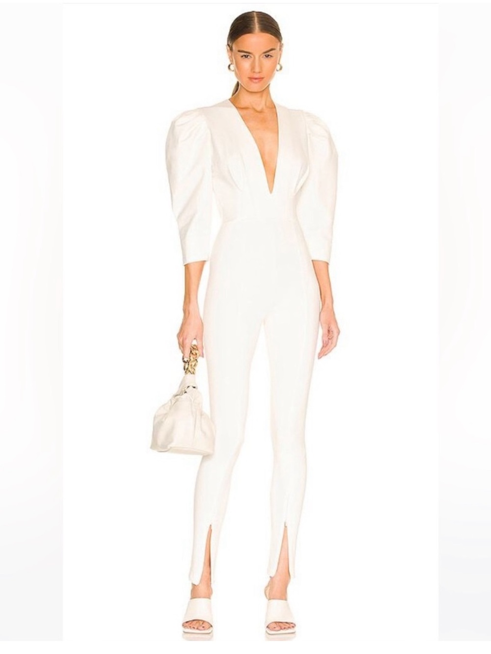 NONchalant Jaleen Ivory Jumpsuit with Puff Shoulders